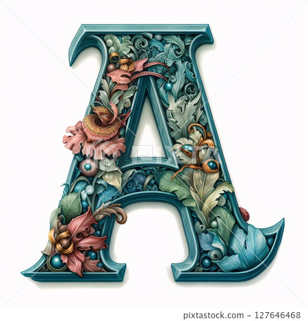 Vintage floral capital letter A with flowers, leaves and berries. Vintage floral capital letter A with flowers, leaves and berries. 127646468