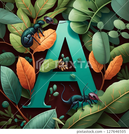 Alphabet letter A made of leaves and insects. Vector illustration. Alphabet letter A made of leaves and insects. Vector illustration. 127646505