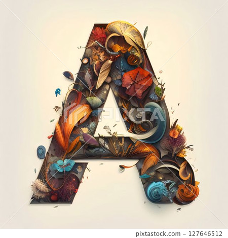 Letter A made from colorful flowers and leaves. 3D Rendering 127646512