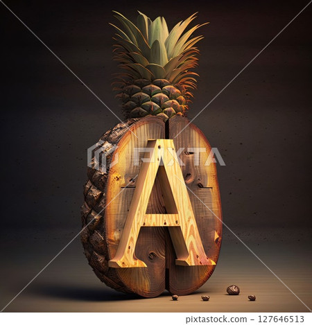 Wooden alphabets with pineapples, 3d render letter A Wooden alphabets with pineapples, 3d render letter A 127646513