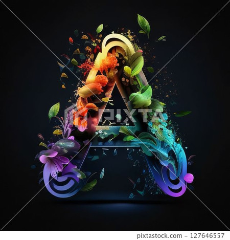 Colorful floral font, letter A, 3d render, dark background Colorful floral font, letter A, 3d render, dark background 127646557