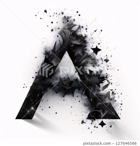 Letter A with black and white explosion and stars. 3D rendering Letter A with black and white explosion and stars. 3D rendering 127646566
