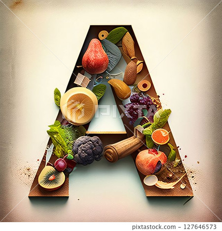 Letter A made of fruits and vegetables. Healthy food concept. Vintage style. Letter A made of fruits and vegetables. Healthy food concept. Vintage style. 127646573