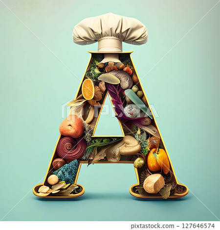 Letter A made of vegetables, fruits and nuts as food ingredients for cooking Letter A made of vegetables, fruits and nuts as food ingredients for cooking 127646574