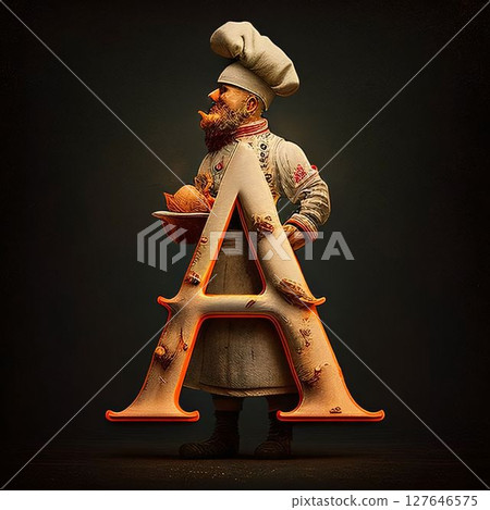 Vintage letter A with a cook in a hat and apron. Vintage letter A with a cook in a hat and apron. 127646575