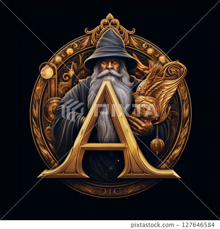 Old wizard in a coat of arms with a sword in his hand. letter A Old wizard in a coat of arms with a sword in his hand. letter A 127646584