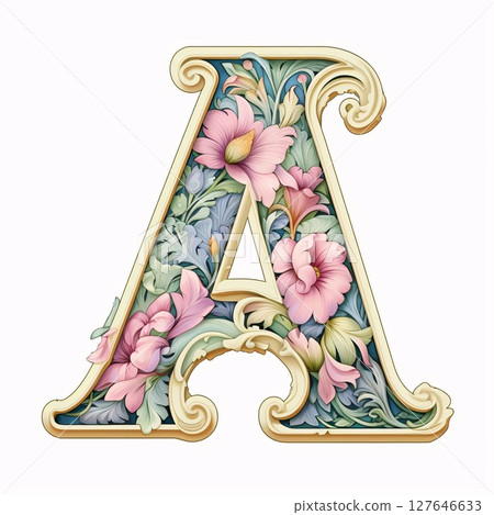 Vintage floral capital letter A decorated with flowers in pastel colors Vintage floral capital letter A decorated with flowers in pastel colors 127646633