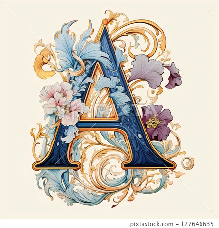 Decorative letter A with flowers in vintage style. Vector illustration. Decorative letter A with flowers in vintage style. Vector illustration. 127646635