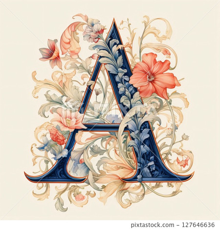 Vintage letter A with floral ornament. Hand-drawn illustration. 127646636