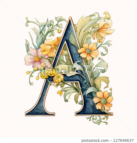 Vintage floral capital letter A with flowers and leaves. Can be used for invitations, greeting cards, scrap booking. Vintage floral capital letter A with flowers and leaves. Can be used for invitations, greeting cards, scrap booking. 127646637