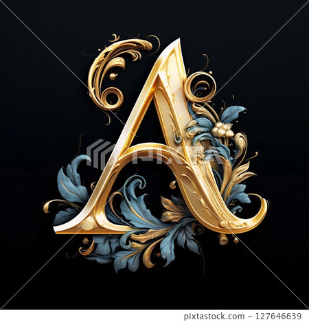 Luxury golden letter A with floral ornament in black background. 127646639
