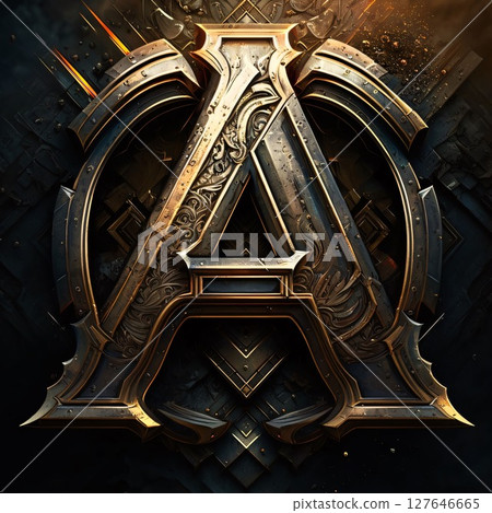 3D illustration of the letter A in the Gothic style with a metal frame. 3D illustration of the letter A in the Gothic style with a metal frame. 127646665
