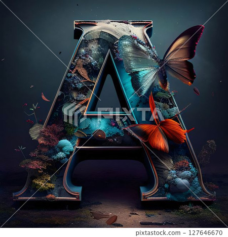 Letter A made of underwater plants and butterfly. 3D rendering. 127646670