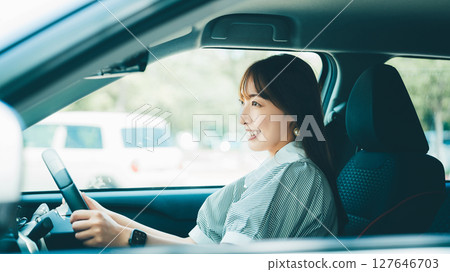 Smiling woman/businesswoman driving a car 127646703