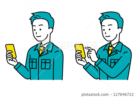 一組男工人拿著智慧型手機(看/觸摸) 一組男工人拿著智慧型手機(看/觸摸) 127646722
