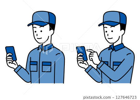 一群穿著工作服的男人拿著智慧型手機（看/觸摸） 127646723