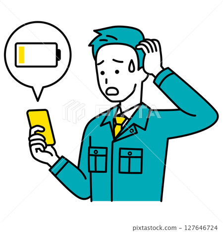 A male worker is having trouble because his smartphone battery is dead 127646724