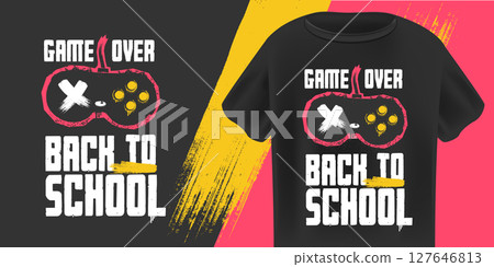 Game Over Back to School T-Shirt Design Vector Stylized Pink and White Gaming Controller with Grunge Texture on Black Background, Ideal for Students and Youth Game Over Back to School T-Shirt Design Vector Stylized Pink and White Gaming Controller with Grunge Texture on Black Background, Ideal for Students and Youth 127646813