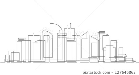 Modern cityscape continuous one line .City skyscrapers .Architecture panoramic landscape.Drawing of skyscrapers, buildings.Vector illustration. Modern cityscape continuous one line .City skyscrapers .Architecture panoramic landscape.Drawing of skyscrapers, buildings.Vector illustration. 127646862