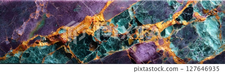 Semiprecious amethyst and green stone with golden veins in macro texture format 127646935