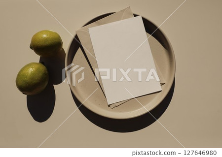 Minimalist summer stationery composition. Two limes, ceramic plate, blank white card, invitation mockup. Envelope on beige table background. Soft shadows, natural light, calm, aesthetic. Flat lay, top 127646980