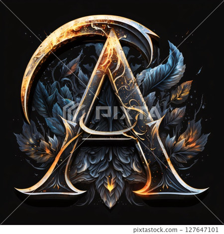 Luxury letter A with floral ornament on black background. 3D rendering Luxury letter A with floral ornament on black background. 3D rendering 127647101