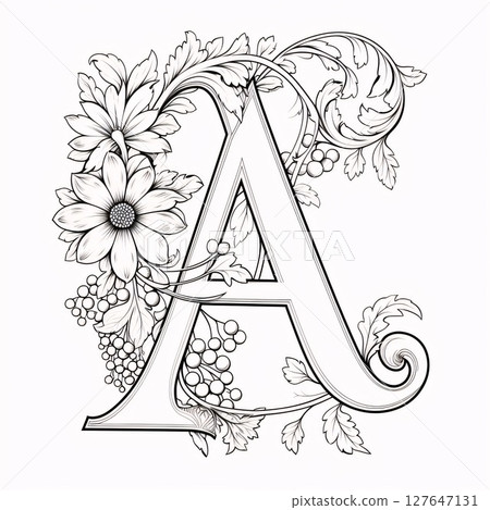 Vintage letter A with flowers, leaves and berries. Vector illustration. Vintage letter A with flowers, leaves and berries. Vector illustration. 127647131