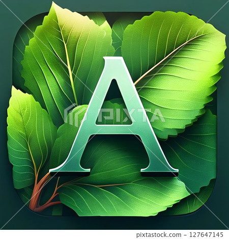Alphabet letter A with green leaves on dark background. 3D rendering Alphabet letter A with green leaves on dark background. 3D rendering 127647145