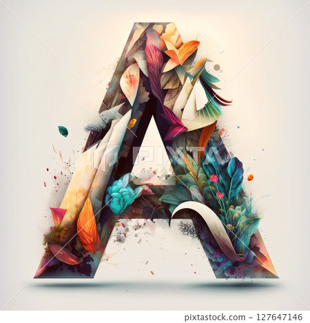 Alphabet letter A with colorful leaves and paint splashes on white background Alphabet letter A with colorful leaves and paint splashes on white background 127647146