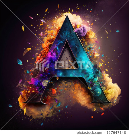 Letter A with colorful smoke and fire effect, isolated on black background Letter A with colorful smoke and fire effect, isolated on black background 127647148