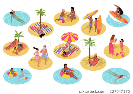 Summer beach 3d isometric set. Collection isolated flat elements of swimming in sea, children playing in sand, surfing, surfboard, woman and man relax at resort, sunbathing, more. Vector illustration. 127647170