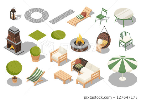 Outdoor furniture 3d isometric set. Collection isolated flat elements of lantern, garden path, lounger, chairs, table, bbq fireplace, potted plant, umbrella, patio, sofa, more. Vector illustration. 127647175