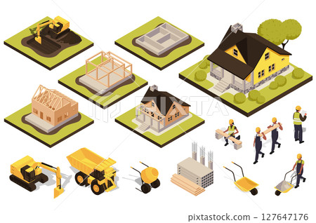 House building 3d isometric set. Collection isolated flat elements of excavator digging, foundation, pouring, frame, walls, builders, boards, concrete, piles, machinery, more. Vector illustration. 127647176
