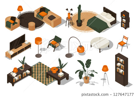 Interior furniture 3d isometric set. Collection isolated flat elements of living room, sofa, armchairs, bedroom, bed, tv on table, chairs, plants in pot, shelf, decoration, more. Vector illustration. 127647177