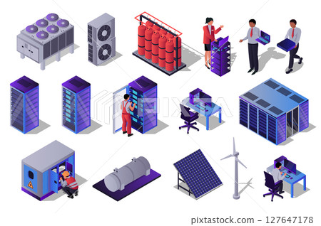 Data center 3d isometric set. Collection isolated flat elements of hardware, server racks, technicians, administration process, computer technology, network, database, more. Vector illustration. 127647178