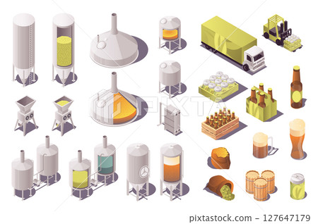 Brewery factory 3d isometric set. Collection isolated flat elements of fermentation, distillery and other machinery, beer industry production, bottles, truck distribution, more. Vector illustration. 127647179
