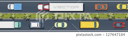 City transport top view .Cars, buses, trucks on the road .City highway, road.vector illustration. 127647184