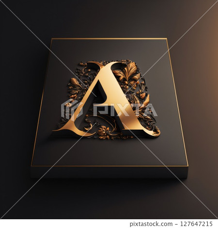 3d render of letter A in black box with floral ornament. 3d render of letter A in black box with floral ornament. 127647215