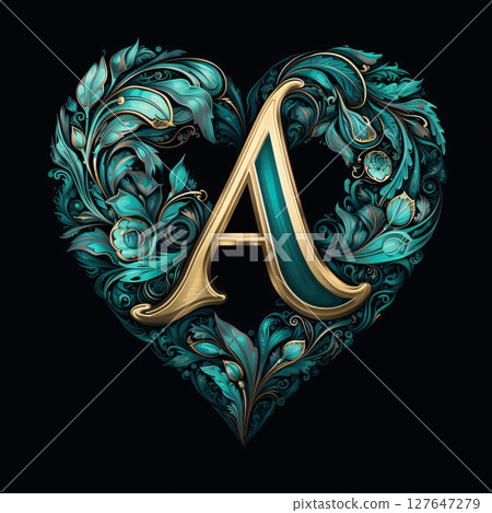 Luxury vintage letter A in the shape of a heart with floral ornament. Luxury vintage letter A in the shape of a heart with floral ornament. 127647279