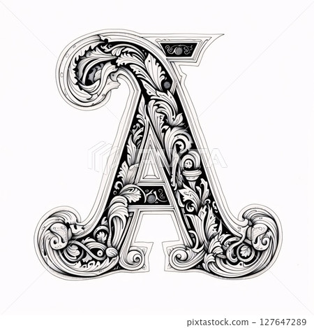 Ornate capital letter A in the style of Baroque. 127647289