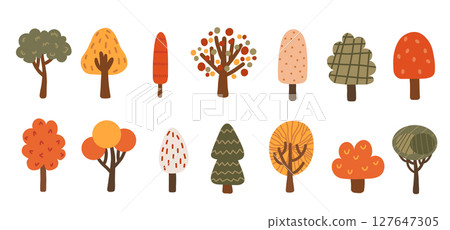 Set of simple autumn trees in hand drawn style. Flat forest elements with naive shapes and seasonal flowers. Vector illustration on isolated background. Set of simple autumn trees in hand drawn style. Flat forest elements with naive shapes and seasonal flowers. Vector illustration on isolated background. 127647305
