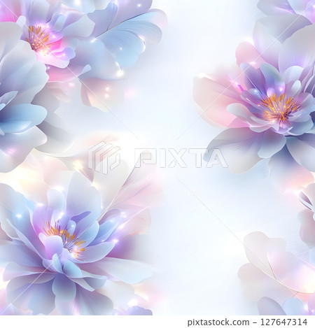 Delicate pastel flowers in soft pink and blue hues with subtle glowing accents on a white background. Ideal for wedding designs, greeting cards, romantic themes, or elegant decorations. 127647314