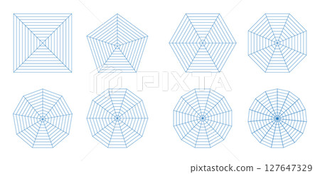 Blank spider radar Kiviat diagram with four, five, six, eight, nine, ten, twelve and fifteen segments 127647329