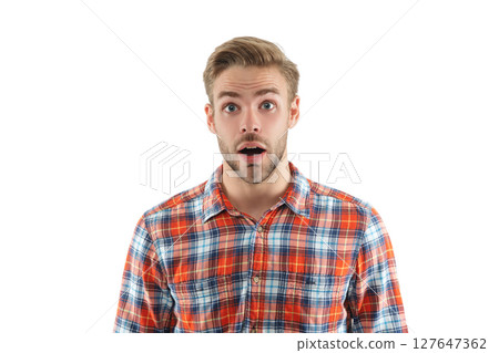 Stylish man portrait feel surprised. Trendy fashion style. Male casual style. Caucasian surprised casual guy. Handsome and young guy model. Male model. Man in checkered shirt isolated on white 127647362