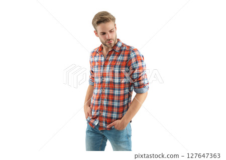 Male model. Man in checkered shirt isolated on white. Stylish man portrait with hairstyle. Trendy fashion style. Male casual style. Caucasian casual guy. Handsome young guy model. Trendy urban outfit Male model. Man in checkered shirt isolated on white. Stylish man portrait with hairstyle. Trendy fashion style. Male casual style. Caucasian casual guy. Handsome young guy model. Trendy urban outfit 127647363