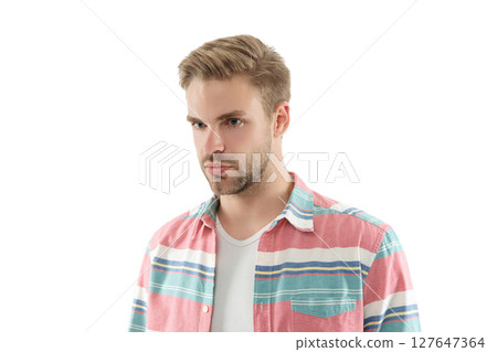 Stylish young man portrait. Casual style of man. Guy has stylish haircut. Young man wearing casual shirt. Casual male style portrait. Millennial portrait. Young man isolated on white. Youth ambition 127647364