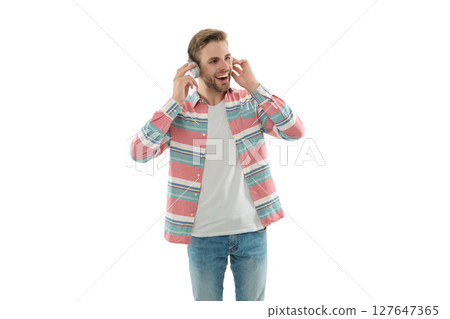 Modern millennial man lifestyle. Music style. Listen audio. Millennial man gen lifestyle. Young guy charm. Lifestyle and music. Man listen music in audio headphones isolated on white Modern millennial man lifestyle. Music style. Listen audio. Millennial man gen lifestyle. Young guy charm. Lifestyle and music. Man listen music in audio headphones isolated on white 127647365