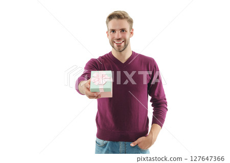Man on February 14, selective focus. Young guy hold present box for Valentines day. Happy anniversary. Man with gift isolated on white. Birthday gift. Party mens day. Mens day. Birthday party present Man on February 14, selective focus. Young guy hold present box for Valentines day. Happy anniversary. Man with gift isolated on white. Birthday gift. Party mens day. Mens day. Birthday party present 127647366