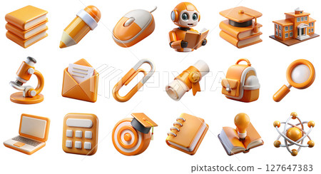 White and orange 3d cartoon education icons set playful learning symbols school subjects 127647383