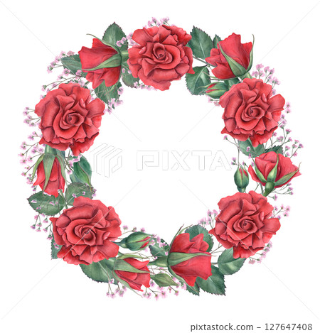 Red roses, pink gypsophila and green leaves watercolor wreath. Watercolor illustration isolated background. Round frame with empty space for text. For wedding invitation, love cards, feminine branding Red roses, pink gypsophila and green leaves watercolor wreath. Watercolor illustration isolated background. Round frame with empty space for text. For wedding invitation, love cards, feminine branding 127647408